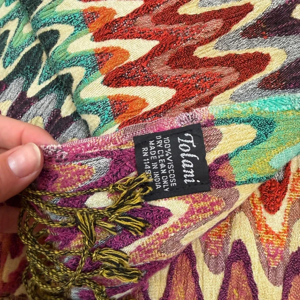Tolani Multi Color Zigzag Chevron Viscose Scarf with Fringe Bohemian Wrap